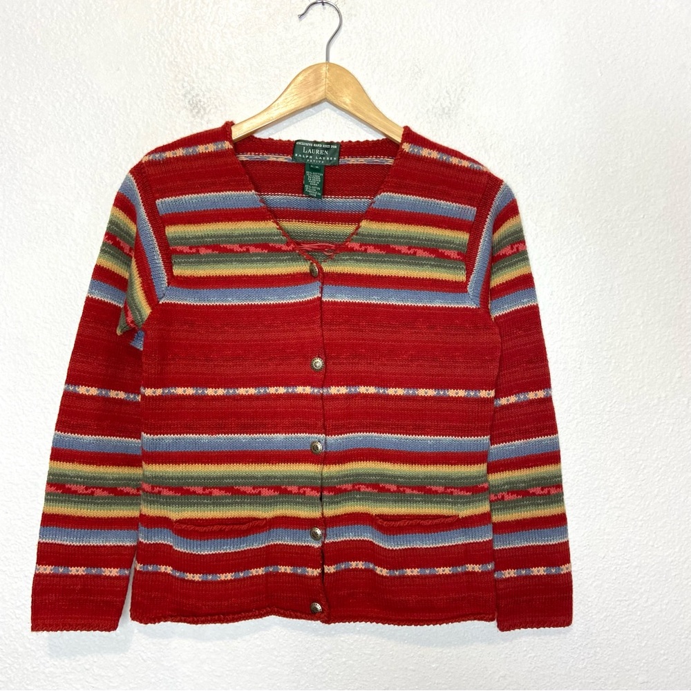 Lauren Ralph Lauren Striped Knit Cardigan Sweater XS Petite‎ Hand Knit Red